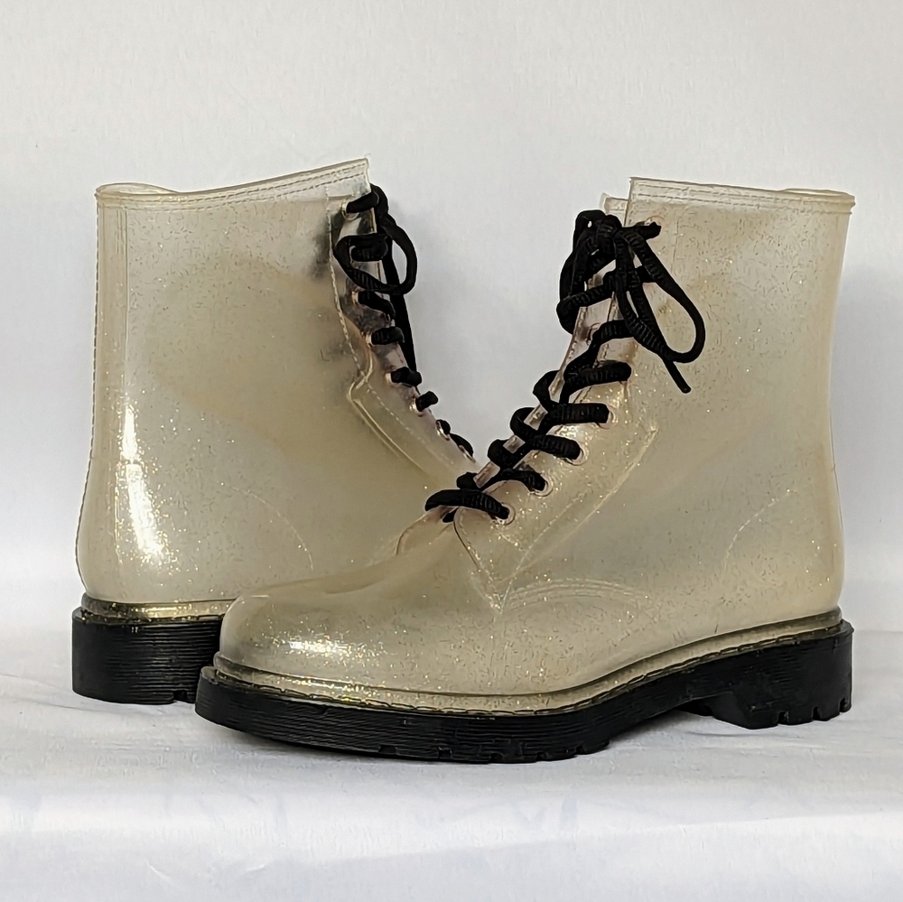 G-Six Workshop Ginny Combat Ankle Boot Translucent PVC Gold Glitter 8.5 NWOB